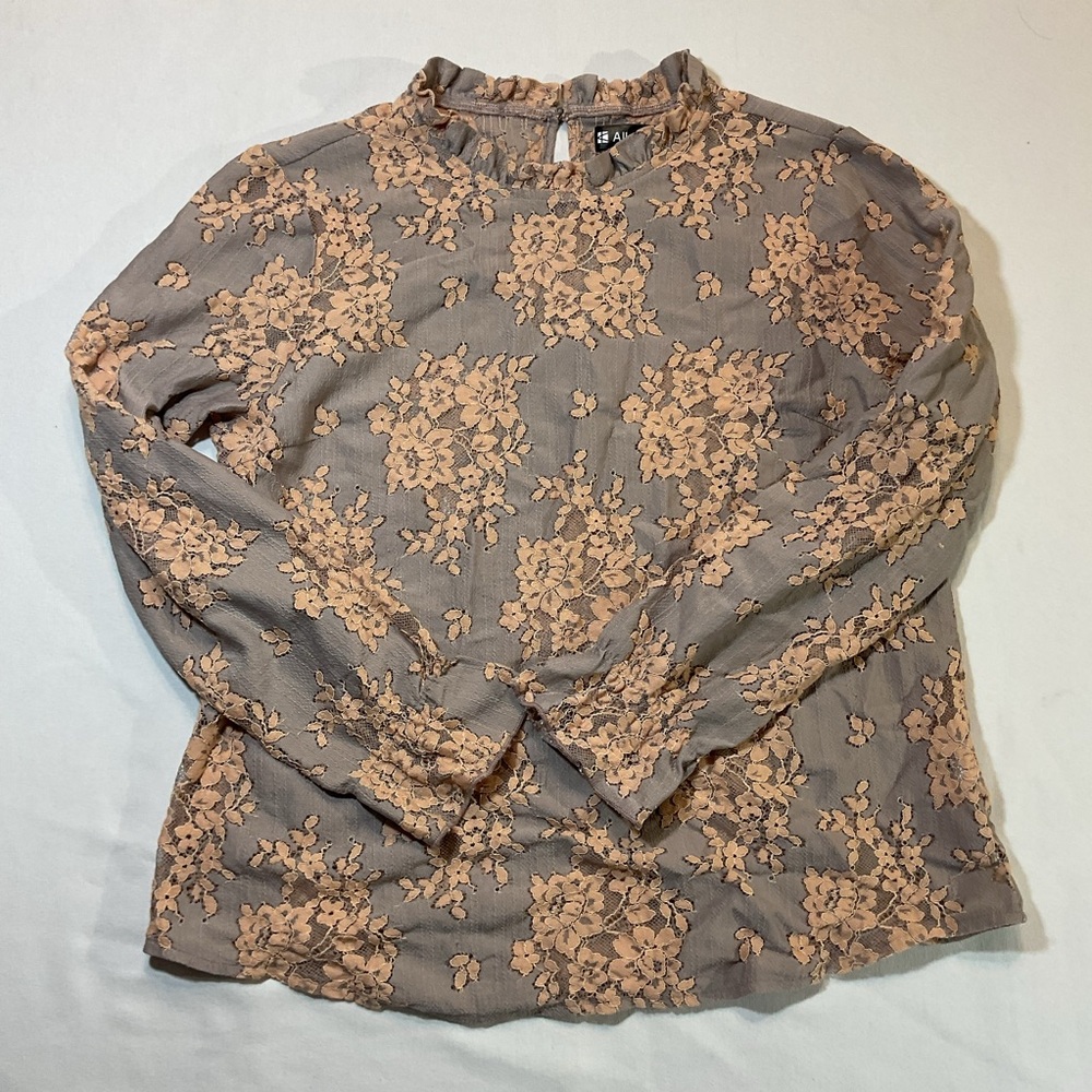 Allegra K Gray/Peach Ruffle Collar Blouse, Floral Crotchet Lace Size L 40% Nylon
